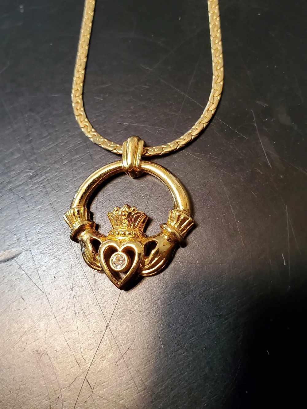 Faux Gold Claddagh Pendant Necklace with Heart and‎ Clear Stone